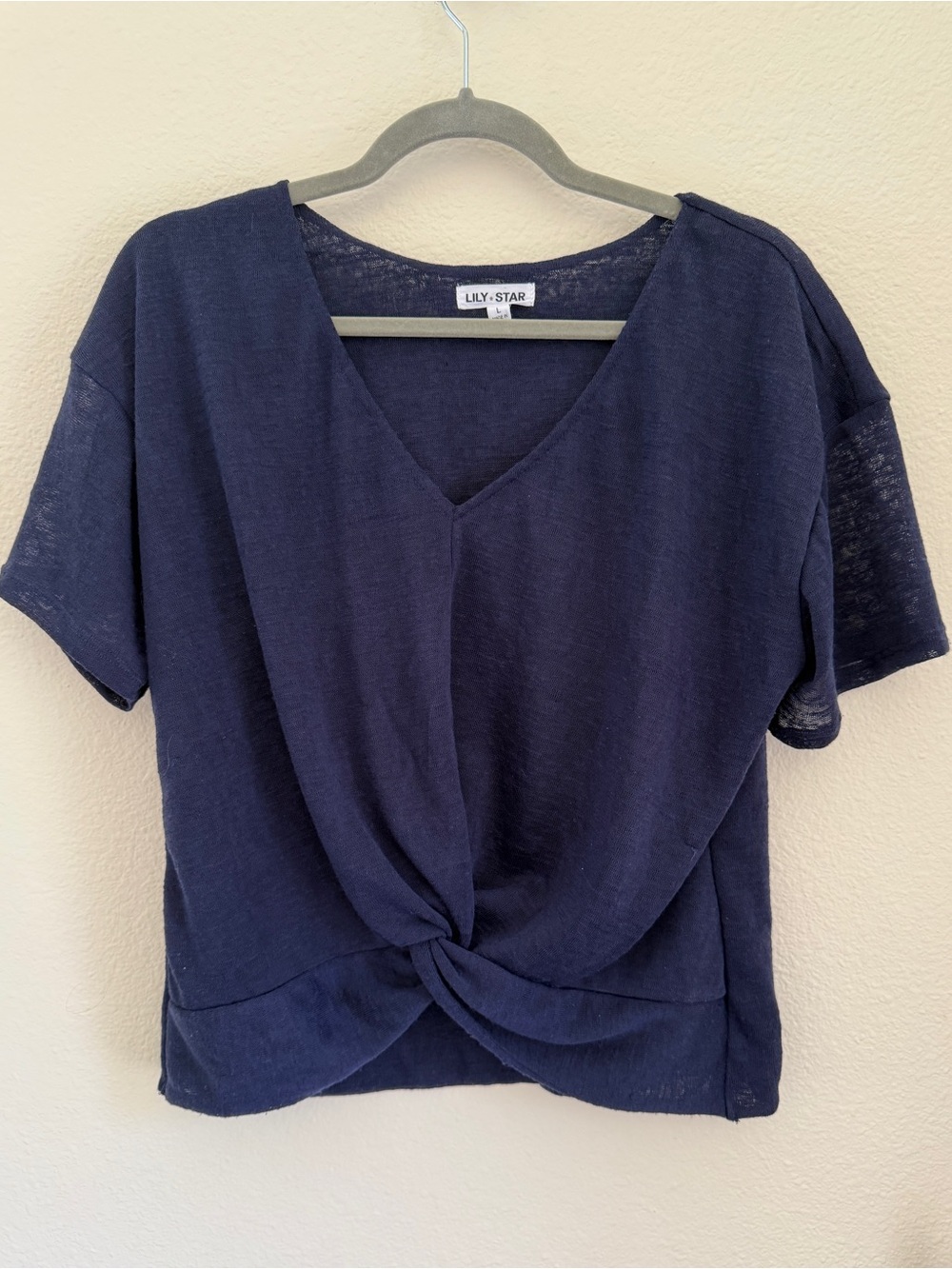 Lily Star Navy Stretch Linen Twist Front V Neck Top Size L